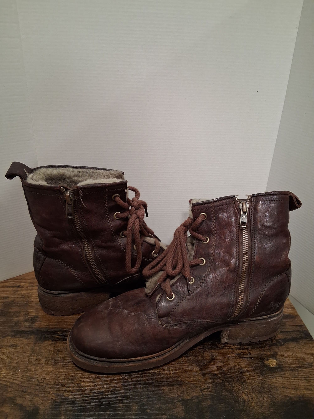 Frye Women's Brown Leather Lace-Up Fur Lined Side Zip Winter Boots